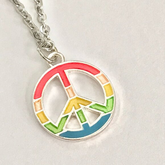 Peace Sign Pendant Choker Necklace Stainless Steel 18" Rainbow Hippie LGBT Retro - Picture 2 of 7